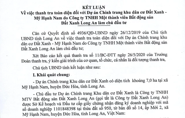 Kết luận thanh tra toàn diện đối với dự án Chỉnh trang khu dân cư Đất Xanh – Mỹ Hạnh Nam do công ty TNHH MTV Bất động sản Đất Xanh Long An làm chủ đầu tư.