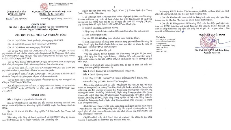 Quyết định xử phạt của UBND tỉnh Lâm Đồng đối với Công ty TNHH Sunfeel Việt Nam.