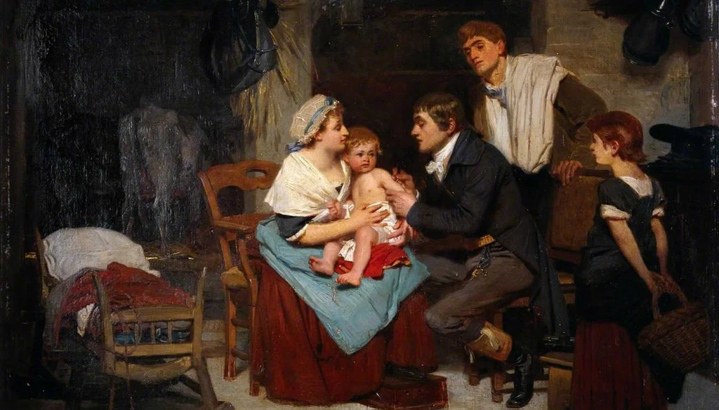 Tranh vẽ minh họa cho cảnh bác sĩ Edward Jenner tiêm chủng vaccine đậu mùa cho cậu con trai 10 tháng tuổi. Nguồn: Library of Congress.