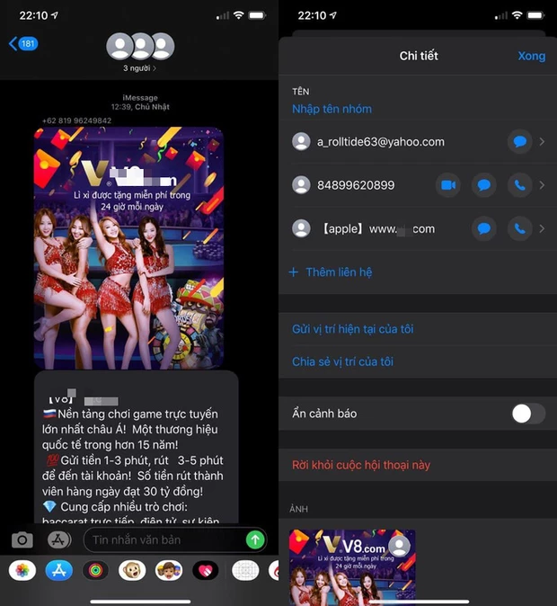 Đoạn tin nhắn mang nội dung quảng cáo về trang web cá độ trái phép tại Việt Nam được gửi tới rất nhiều người dùng dịch vụ iMessage của iPhone. (Ảnh: Keenh14)