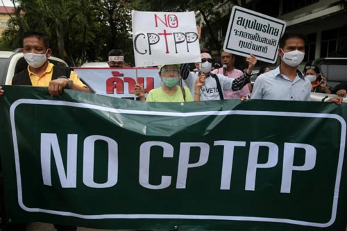 Các nhóm dân sự ở Thái Lan biểu tình phản đối kế hoạch gia nhập Hiệp định CPTPP của Chính phủ nước này hôm 14/7. Ảnh: Bangkok Post.