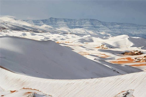 Ngỡ ngàng trước cảnh tuyết rơi trắng xóa sa mạc Sahara