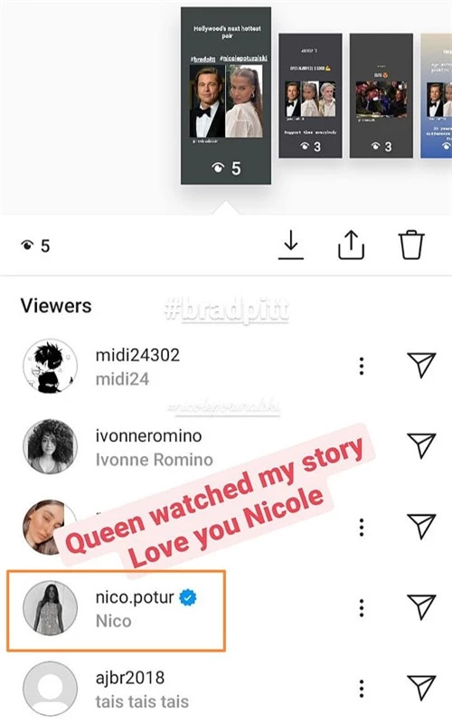 Nicole Poturalski (tên Instagram là nico.potur) âm thầm theo dõi các fan bàn luận về mối tình của cô với Brad Pitt.