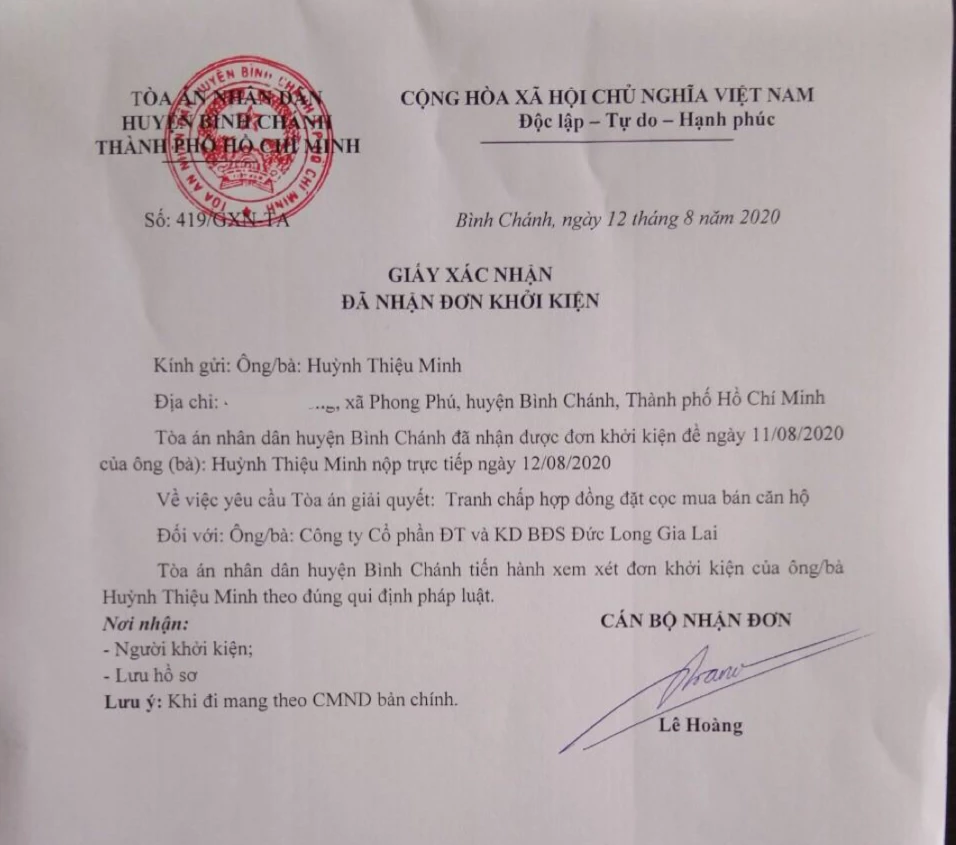 Toà án Nhân dân huyện Bình Chánh đã xác nhận đơn khởi kiện của khách hàng.