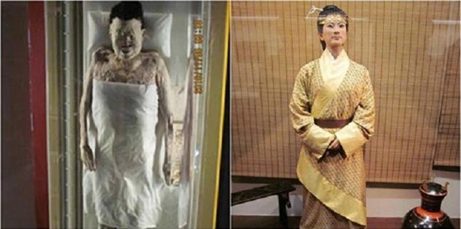 Hình ảnh phục dựng (bên phải) và xác ướp của Bà Xin Zhui.