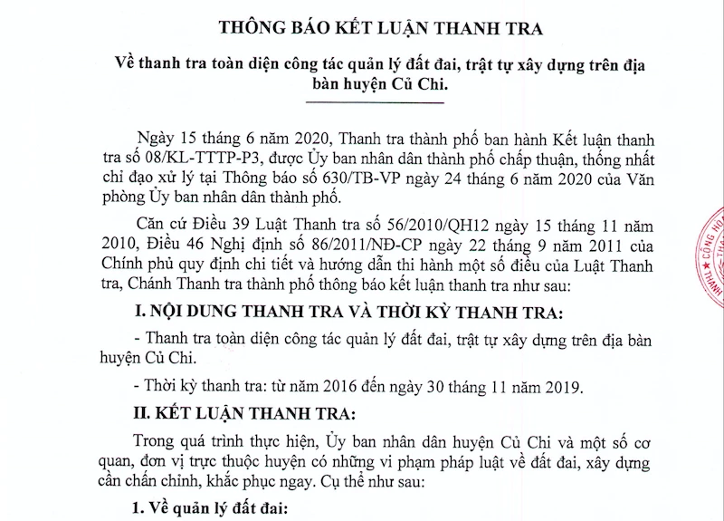 kết luận Thanh tra TP HCM xác định UBND huyện Củ Chi có hành vi vi phạm quy định về giao đất, cho thuê đất, chuyển mục đích sử dụng đất hàng loạt công trình. kết luận Thanh tra TP HCM xác định UBND huyện Củ Chi có hành vi vi phạm quy định về giao đất, cho thuê đất, chuyển mục đích sử dụng đất hàng loạt công trình.