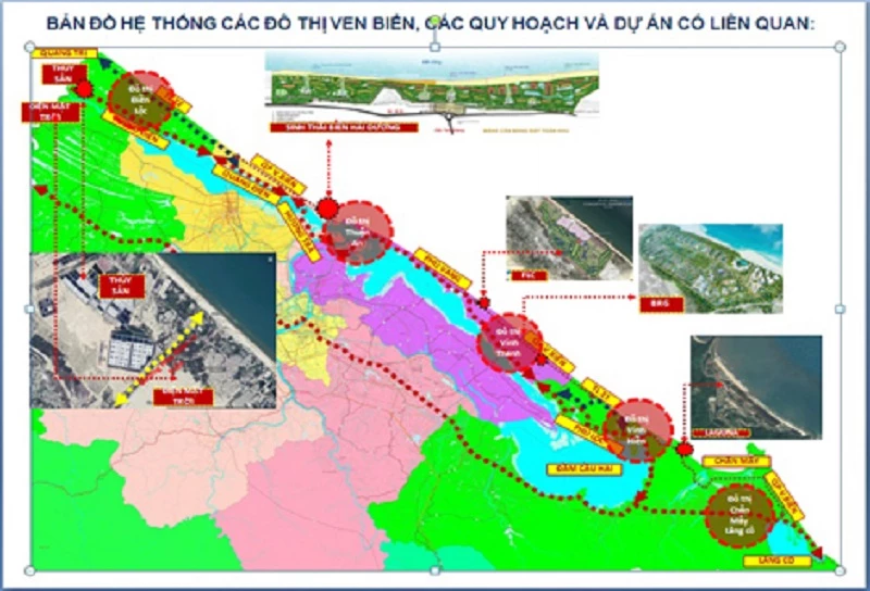 Bản đồ hệ thống các đô thị ven biển, các quy hoạch và dự án có liên quan đến dự án tuyến đường ven biển đi qua tỉnh Thừa Thiên Huế.