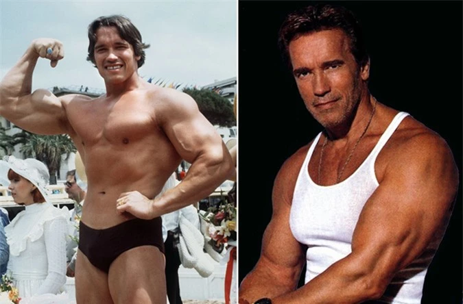 Arnold Schwarzenegger thời trẻ (trái) và khi trở thành diễn viên nổi tiếng.