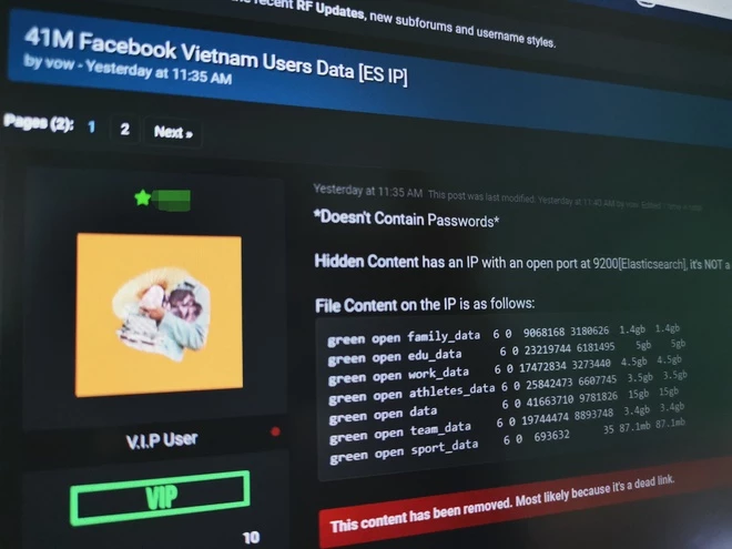  phát hiện tài khoản “vow” (thuộc trang mạng raidforums.com) rao bán gói dữ liệu chứa thông tin khoảng 41 triệu người dùng Việt Nam.