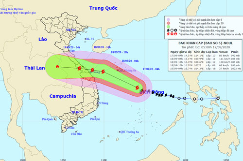 Bão số 5 tiếp tục di chuyển theo hướng Tây Tây Bắc và có khả năng mạnh thêm