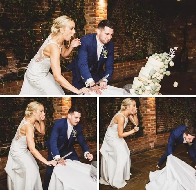 Cô dâu gần như phát khóc khi bánh cưới đổ ngay trước mắt.