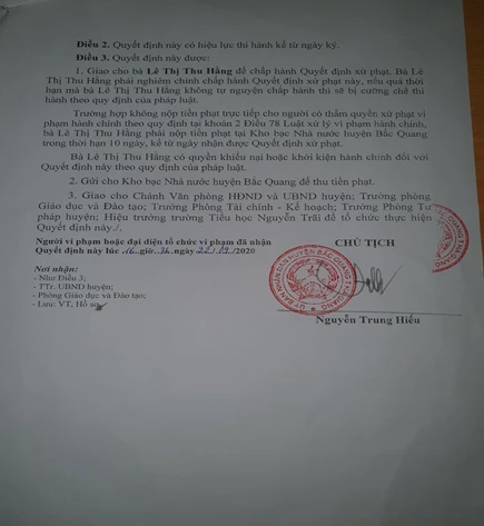 Quyết định xử phạt hành chính đối với cô giáo Lê Thị Thu Hằng.
