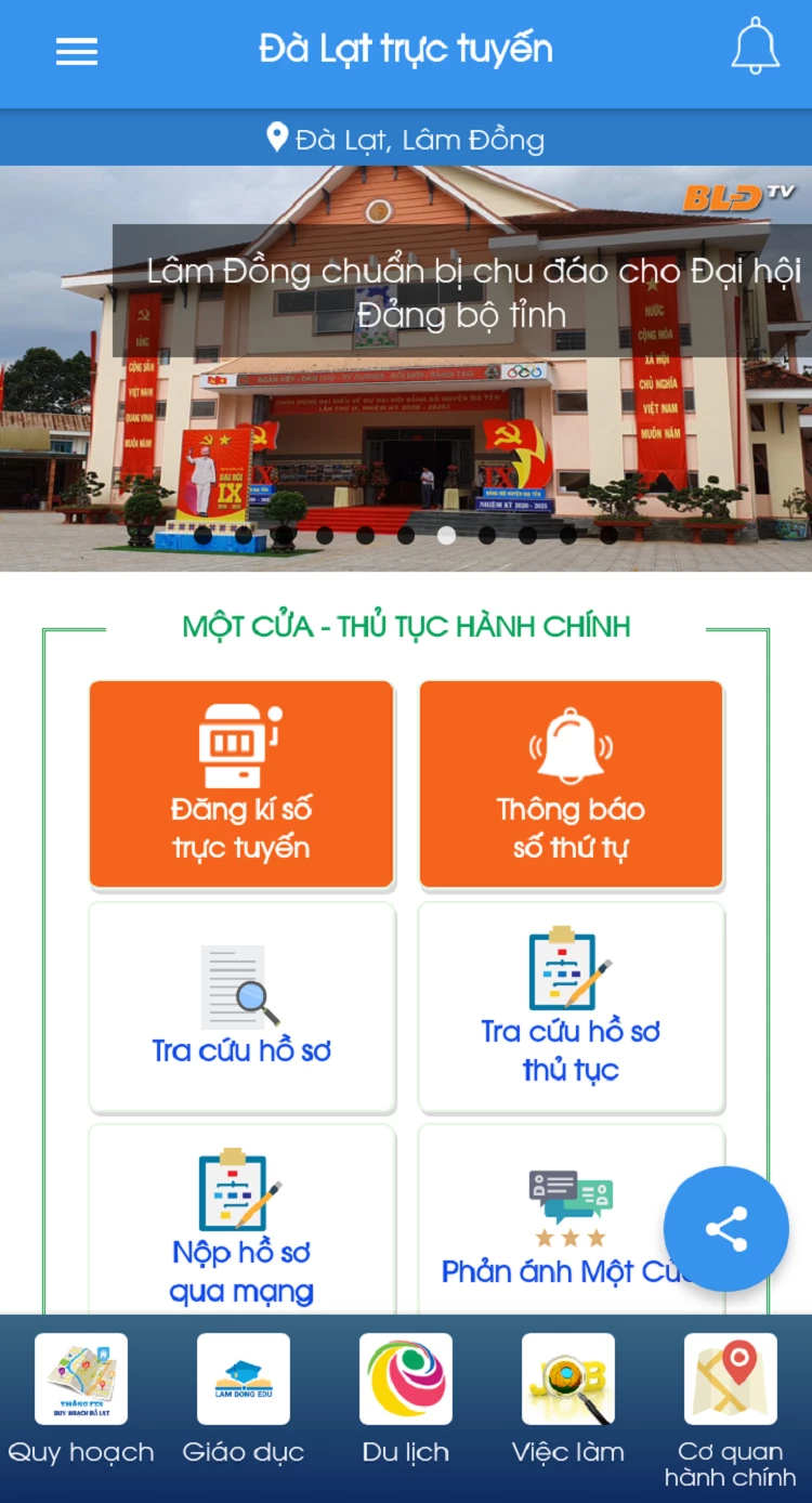 Giao diện ứng dụng Đà Lạt trực tuyến - iGov Connect.