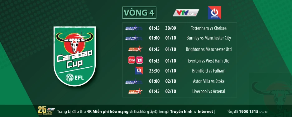 Lịch thi đầu vòng 4 Carabao Cup.