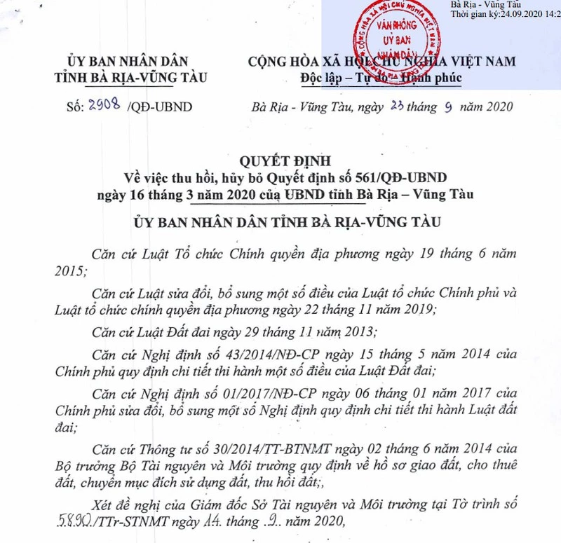 Quyết định thu hồi của UBND tỉnh Bà Rịa - Vũng Tàu.