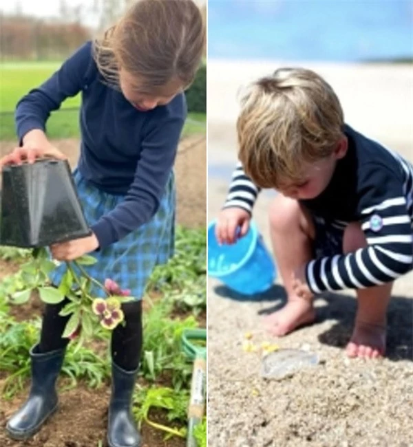Công chúa George trồng hoa còn em trai Louis nô đùa với cát trên bãi biển. Ảnh: ITV.