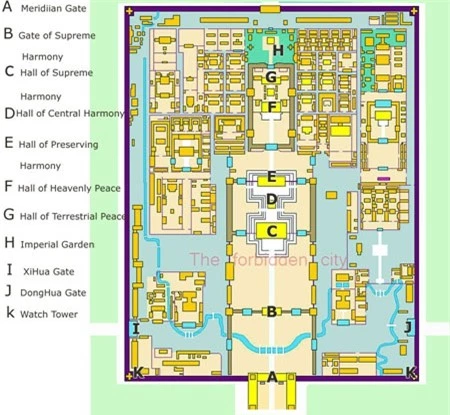 Sơ đồ bên trong Tử Cấm Thành với hơn 10 nghìn gian phòng trên diện tích 74 hecta.