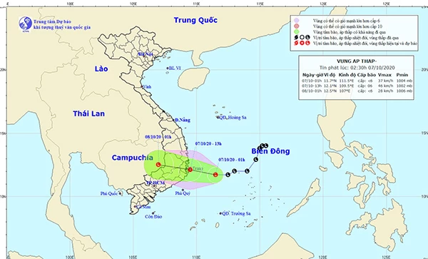 Hướng di chuyển của vùng áp thấp trên Biển Đông theo tin dự báo lúc