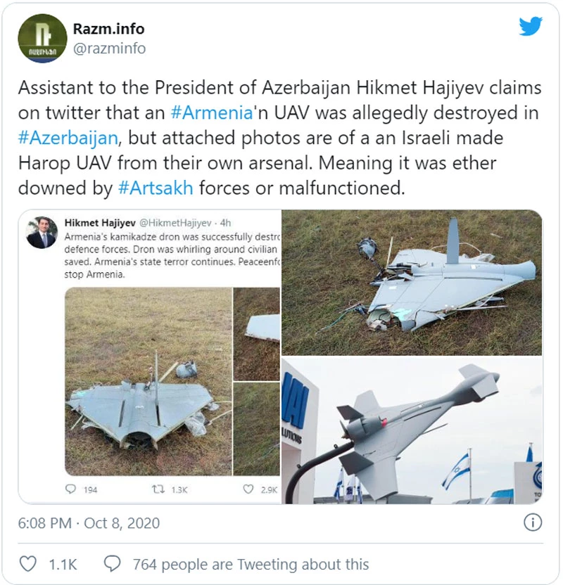 Azerbaijan có thể bắn rơi UAV của chính mình sau khi khoe khoang “hạ” máy bay Armenia !