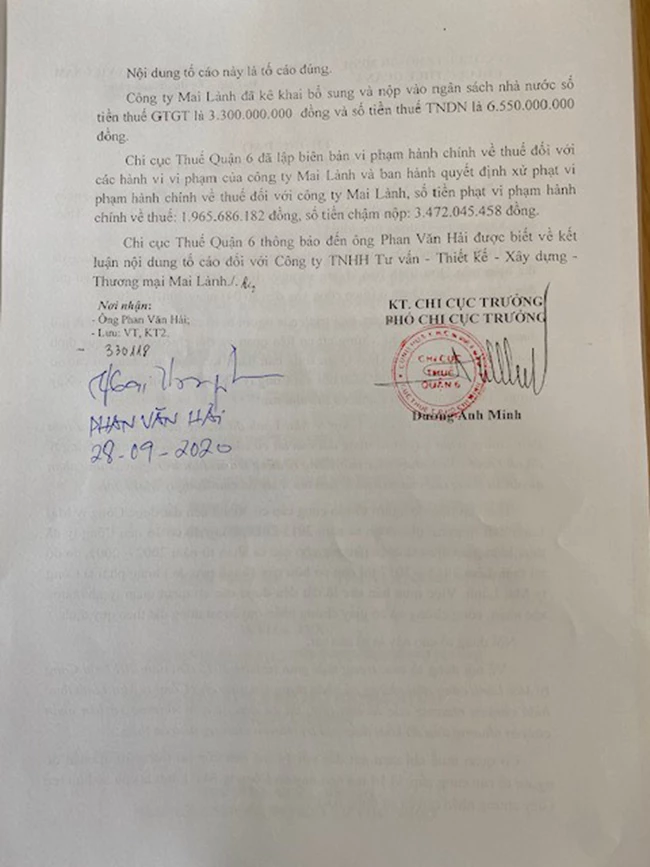 Văn bản do Phó Chi cục trưởng Chi cục Thuế quận 6 Dương Anh Minh ký khẳng định Công ty Mai Lành có nhiều vi phạm, bị xử phạt hành chính, truy thu thuế chậm nộp... lên đến hơn 15 tỉ đồng.