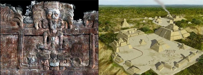 Bức phù điêu 1.400 năm tuổi và hình ảnh mô phỏng thành phố cổ Homul của người Maya. Ảnh: Ancientpages