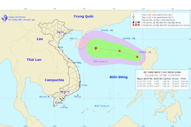 Vị trí và đường đi của áp thấp nhiệt đới mới. Ảnh: NCHMF.