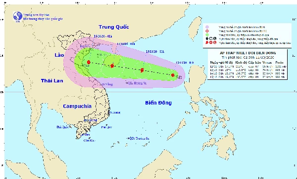 Dự báo của Trung tâm Khí tượng thủy văn quốc gia lúc 2h30 ngày 12/10 về hướng di chuyển của áp thấp nhiệt đới mới nhất vừa hình thành trên Biển Đông, có khả năng mạnh lên thành bão