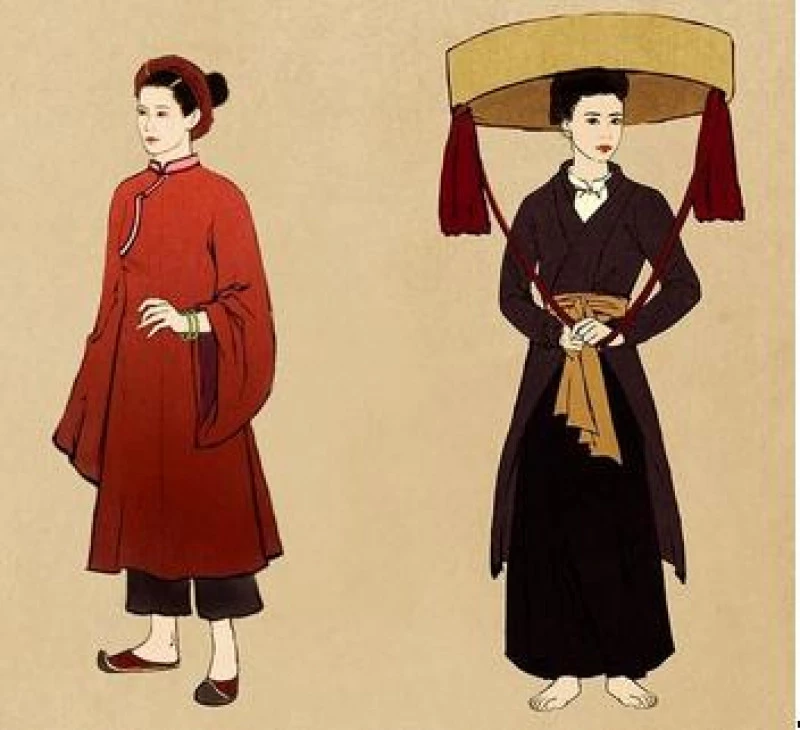 Trang phục phụ nữ miền Nam (trái) và miền Bắc (phải) trước thời Minh Mạng.