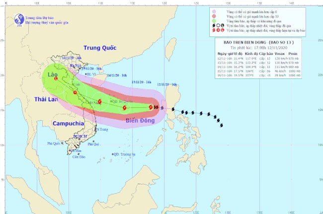 Vị trí và dự báo đường đi của bão số 13. (Nguồn: Trung tâm Dự báo KTTV quốc gia)