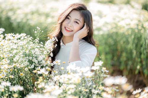 Cựu nữ sinh Ngoại thương đẹp dịu dàng bên cúc họa mi đầu mùa