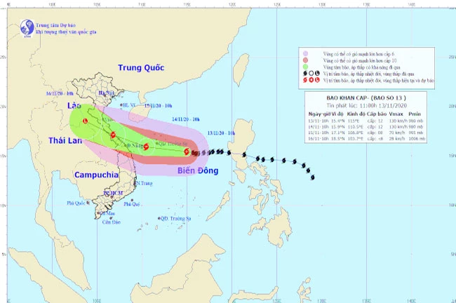Vị trí và đường đi của bão số 13.