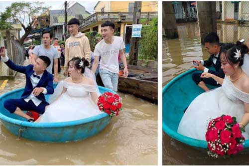 Tổ chức đám cưới giữa "biển nước lũ", cặp đôi có loạt ảnh gây ấn tượng mạnh trên MXH