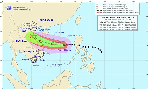 Dự báo của Trung tâm Khí tượng thủy văn quốc gia lúc 5h sáng 13/11 về hướng di chuyển của bão số 13