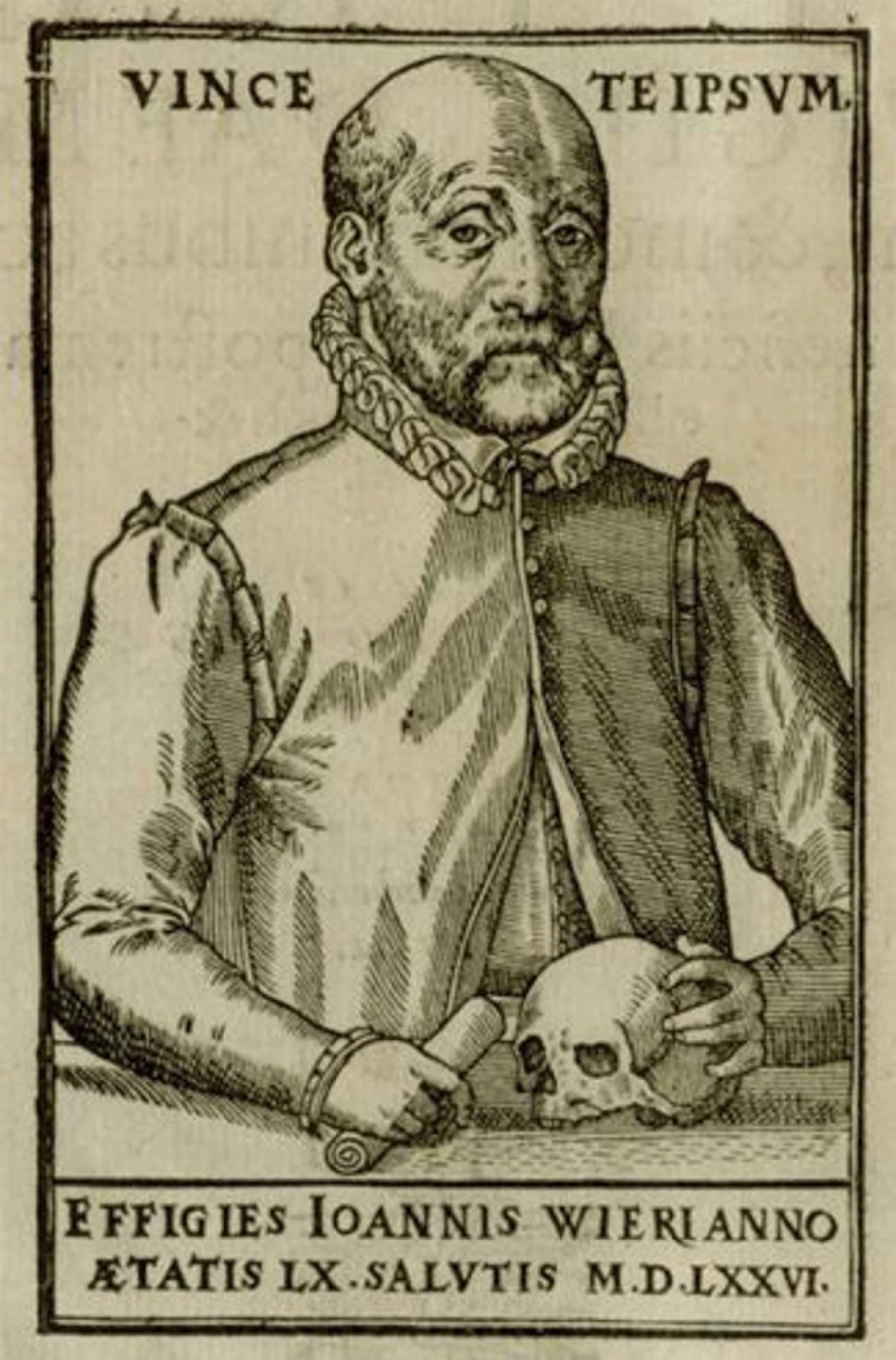 Ảnh 1: Chân dung Johann Weyer được in khắc kẽm năm 1577. Minh họa được lấy từ cuốn sách “De lamiis liber” của ông bàn luận về phù thủy và về lối nhịn ăn sai lạc. Nguồn: Spektrum.