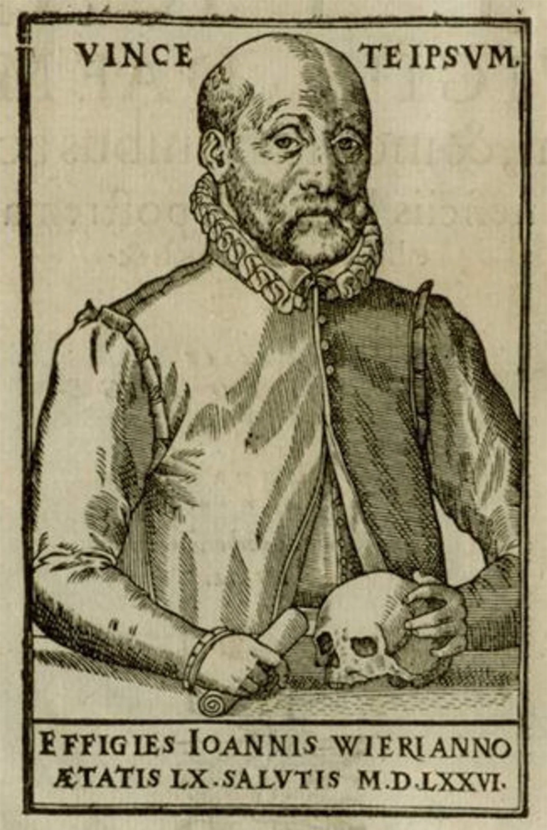 Ảnh 1: Chân dung Johann Weyer được in khắc kẽm năm 1577. Minh họa được lấy từ cuốn sách “De lamiis liber” của ông bàn luận về phù thủy và về lối nhịn ăn sai lạc. Nguồn: Spektrum. Ảnh 1: Chân dung Johann Weyer được in khắc kẽm năm 1577. Minh họa được lấy từ cuốn sách “De lamiis liber” của ông bàn luận về phù thủy và về lối nhịn ăn sai lạc. Nguồn: Spektrum.
