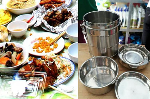 Đến nhà chú bạn trai ăn tân gia, cô gái cầm theo cặp lồng lấy phần mang về