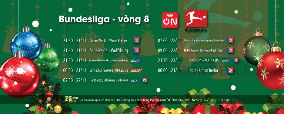 Lịch thi đấu Bundesliga vòng 8 trên sóng VTVcab.