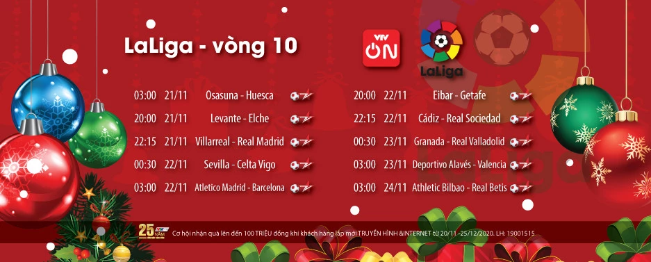 Lịch phát sóng LaLiga - vòng 10 trên sóng VTVcab.