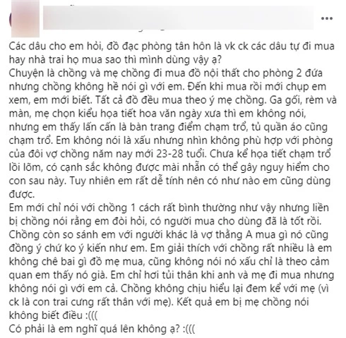 Không được tự tay chọn nội thất phòng cưới còn bị chồng nạt nộ: &quot;Không bỏ tiền, đừng ý kiến&quot;, cô gái được chị em khuyên nhủ: &quot;Đừng đâm đầu vào ngõ cụt&quot; - Ảnh 1.