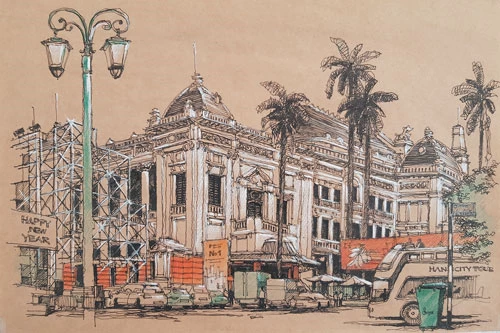 Nhà hát Lớn Hà Nội (số 1 Tràng Tiền): Năm 1899, Hội đồng thành phố Hà Nội đệ trình xây dựng một nhà hát nhằm phục vụ nhu cầu giải trí của người Pháp tại Hà Nội. Công trình khởi công ngày 7/6/1901 và hoàn thành vào năm 1911, do hai kiến trúc sư là Harlay và Broyer thiết kế, trong quá trình thi công có sự tham gia của kiến trúc sư Lagisquet. Đây là công trình biểu diễn lớn nhất khu vực Đông Nam Á lúc bấy giờ và sau này luôn là trung tâm biểu diễn và văn hóa. Không chỉ còn có giá trị về mặt thẩm mỹ và kiến trúc, nó còn giá trị lịch sử đối với nhà nước Việt Nam vì đây là nơi diễn ra cuộc họp đầu tiên của Quốc hội nhà nước Việt Nam Dân chủ Cộng hòa. Tranh: Phạm Anh Quân.