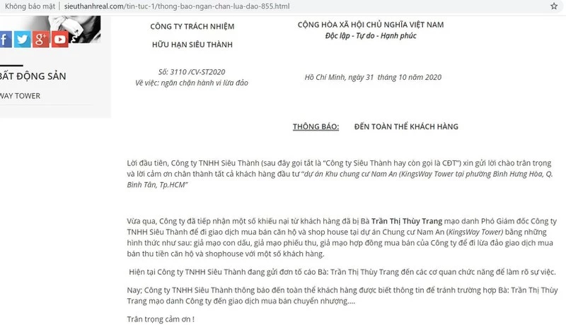  Thông báo của trang web được của Công ty Siêu Thành cho rằng bà Trần Thị Thùy Trang đã mạo danh phó giám đốc công ty để giao dịch mua bán.