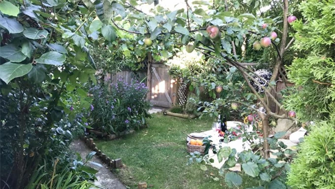Vườn nhà Hoa hậu Phu nhân Canada 2013 có cây ăn trái như táo, nho, kiwi, cherry... Hoa lưu ly, hồng, ly... được trồng đan xen dưới những gốc cây và và dọc theo lối đi.