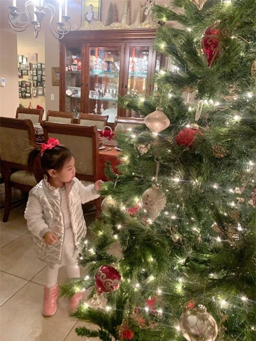 Con gái ca sĩ Thanh Thảo - bé Talia - thích thú ngắm nghía cây thông Noel mà mẹ mới dựng. Không khí Giáng sinh đã tràn ngập trong ngôi nhà của giọng ca Búp bê ở Mỹ. Cùng ngày, chị mời bạn bè tới thưởng thức bữa tối mừng lễ Tạ ơn.