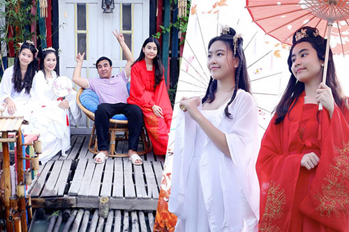 Vợ con Quyền Linh diện đồ cổ trang hóa 'tiên nữ'
