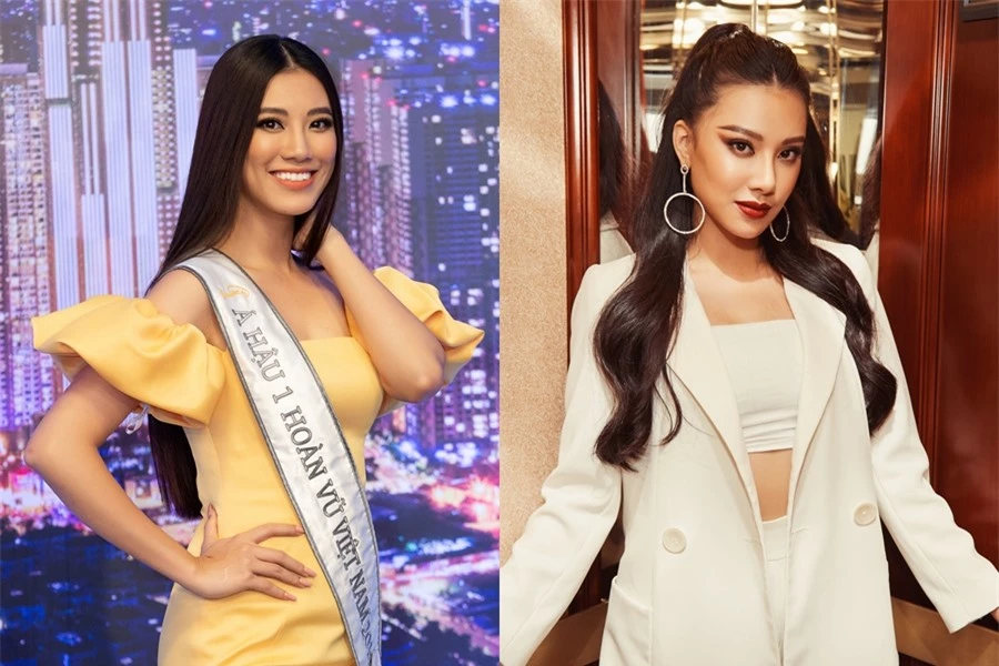 Kim Duyên sinh năm 1995, là á hậu 1 Hoa hậu Hoàn vũ Việt Nam 2019. Lúc đăng quang (trái), cô thu hút bởi gương mặt cá tính, nụ cười tươi. Song sau một năm (phải), nhan sắc của cô trở nên khác lạ, khiến vướng tin đồn can thiệp dao kéo.