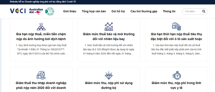 Giao diện website https://hotro.vibonline.com.vn/  nhằm hỗ trợ các doanh nghiệp ứng phó với Covid-19.