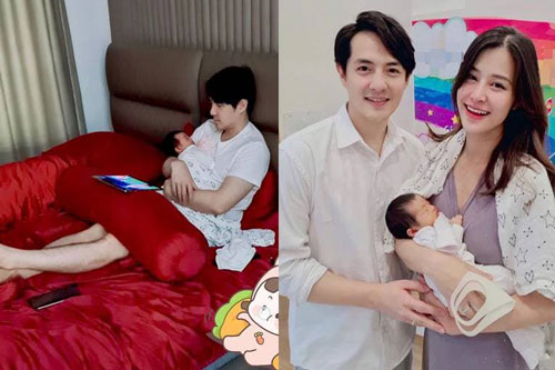 Đông Nhi khoe khoảnh khắc Ông Cao Thắng vừa ôm con ngủ vừa làm việc