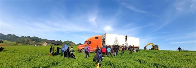 Đoàn phim đưa chiếc xe container vào thảo nguyên tại Mộc Châu - Sơn La để quay phim.