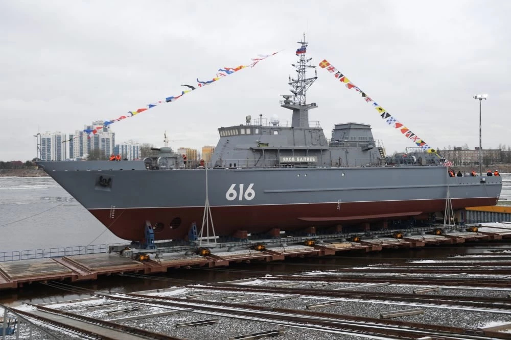 Lễ hạ thủy tàu hộ quét thế hệ mới Dự án 12700 Yakov Balyaev. Ảnh: RIA Novosti.