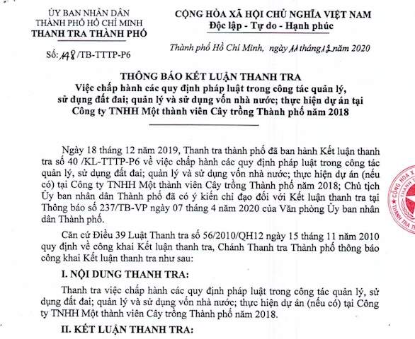 Thanh tra TP HCM vừa có kết luận chỉ ra nhiều thiếu sót, sai phạm về việc chấp hành các quy định pháp luật trong công tác quản lý sử dụng đất đai; quản lý và sử dụng vốn nhà nước; thực hiện dự án tại Công ty TNHH MTV Bò sữa TP HCM (Công ty Bò sữa) và Công ty TNHH MTV Cây trồng TP HCM (Công ty Cây trồng) năm 2018. Thanh tra TP HCM vừa có kết luận chỉ ra nhiều thiếu sót, sai phạm về việc chấp hành các quy định pháp luật trong công tác quản lý sử dụng đất đai; quản lý và sử dụng vốn nhà nước; thực hiện dự án tại Công ty TNHH MTV Bò sữa TP HCM (Công ty Bò sữa) và Công ty TNHH MTV Cây trồng TP HCM (Công ty Cây trồng) năm 2018.